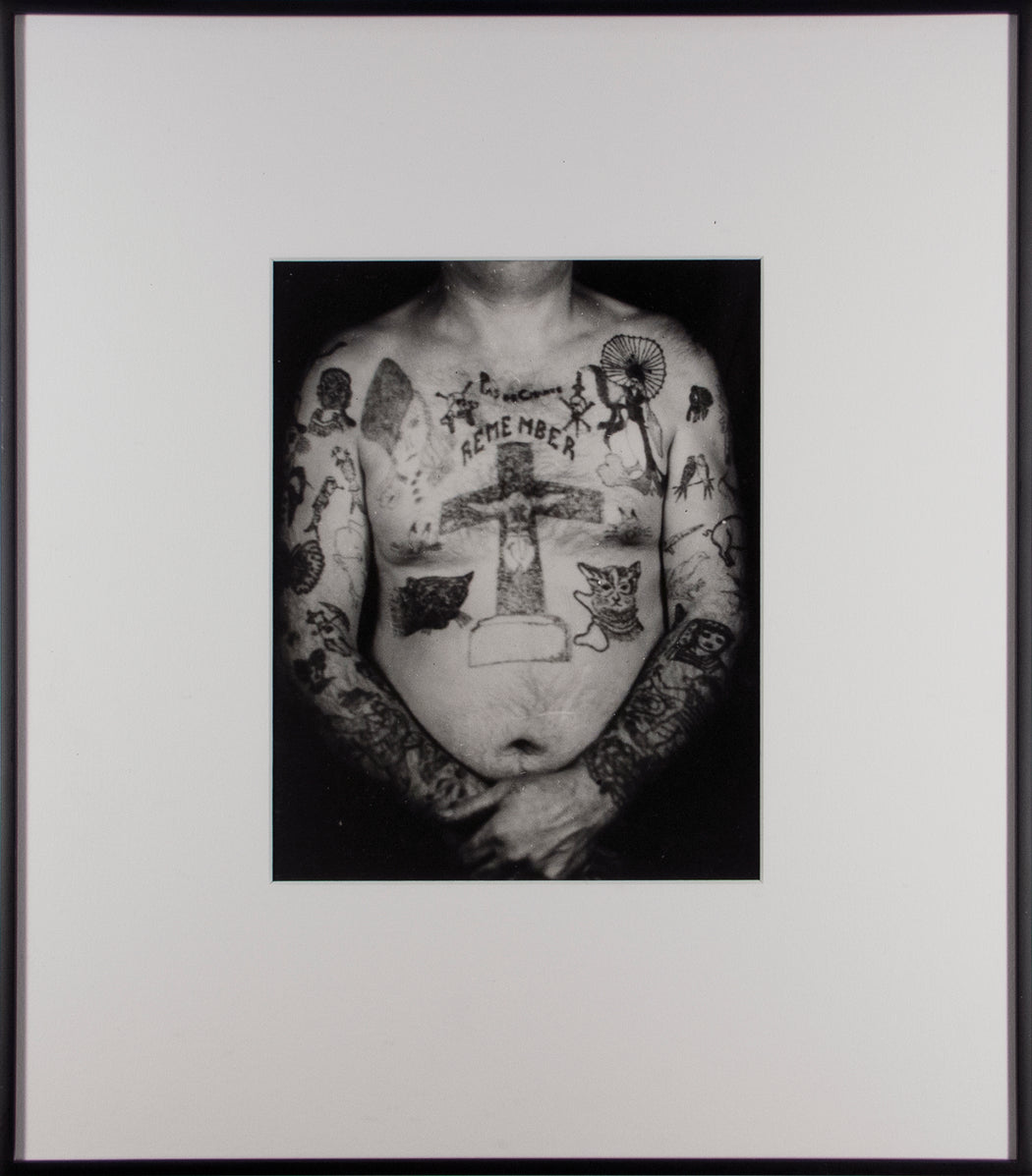 Vintage French police photo, Tattoos–man's front with "remember", cross, cat