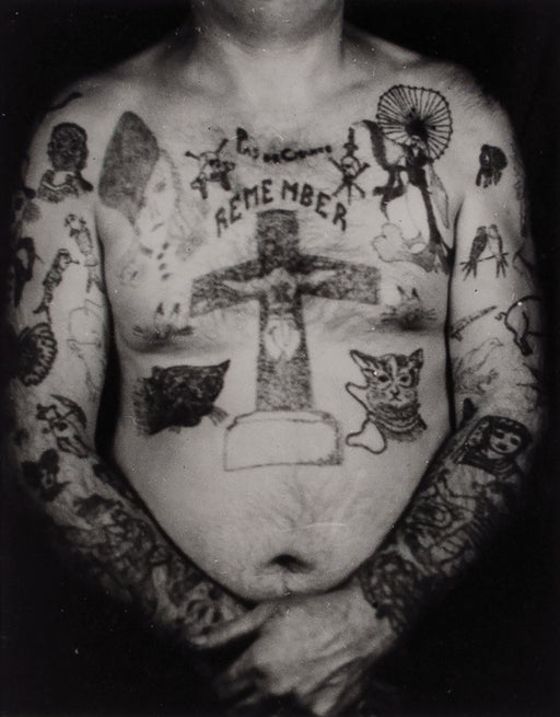 Vintage French police photo, Tattoos–man's front with "remember", cross, cat