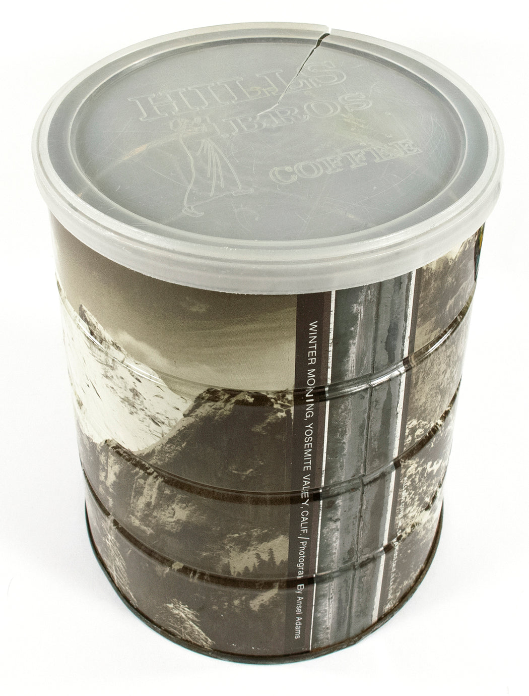 Hills Brothers coffee can with a reproduction of Winter Morning, Yosemite Valley, California