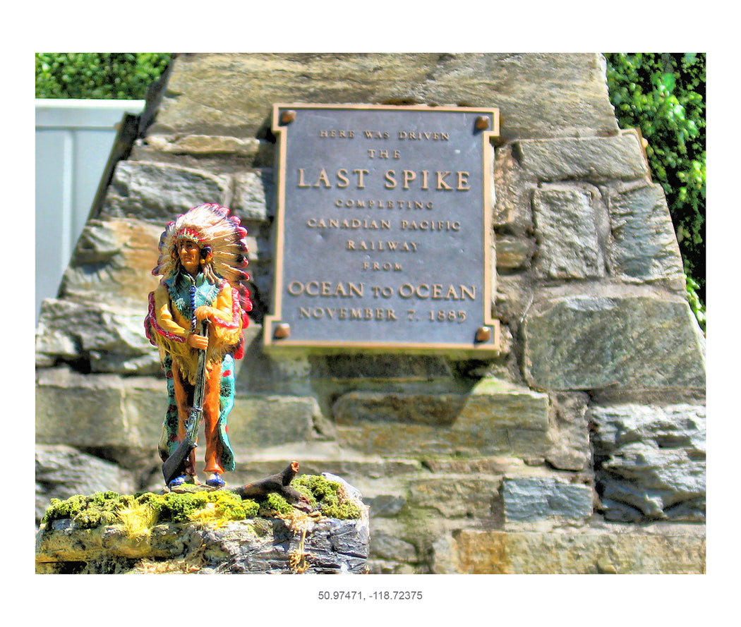 Northern Plains Chief and Last Spike, Craigellachie, British Columbia, GPS coordinates: 50.97471, -118.72375