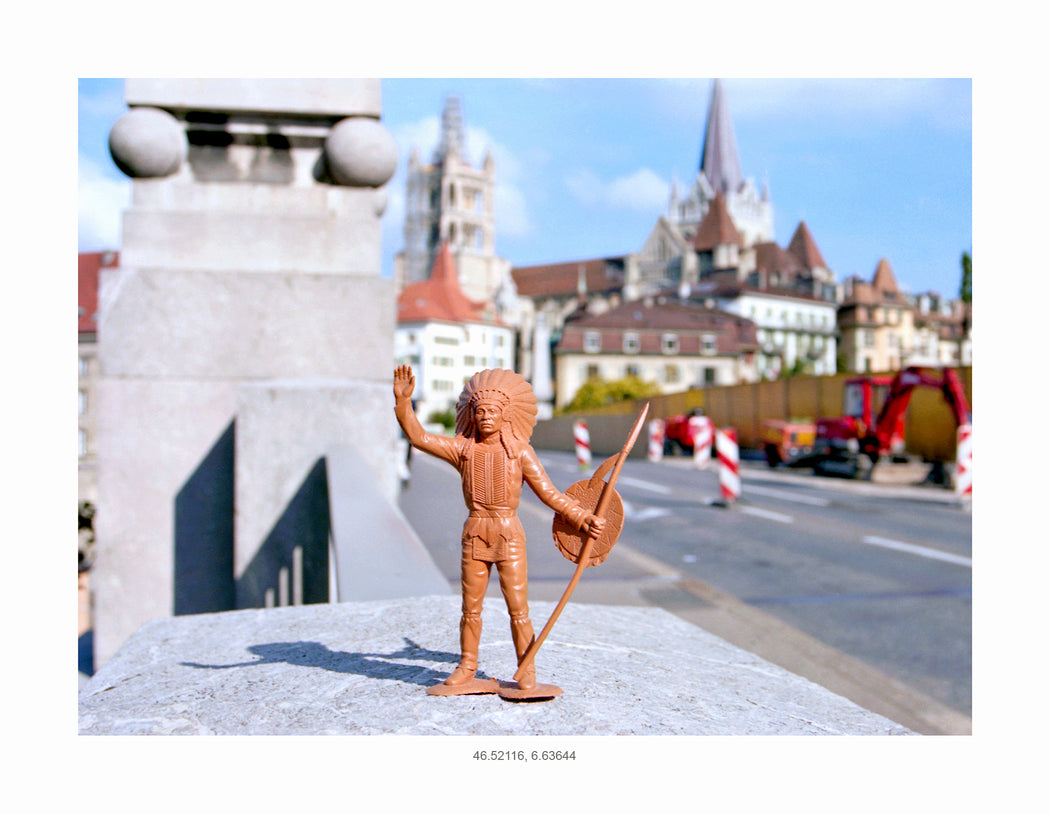 Peace Chief at the Bessières Bridge, on his way to see Old Cathedral, Lausanne, Switzerland, GPS coordinates: 46.52116, -6.63644
