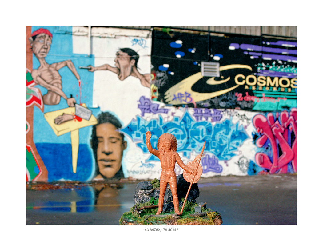 Peace Chief, Parking Lot Graffito, Toronto, Ontario, GPS coordinates: 43.64762, -79.40142