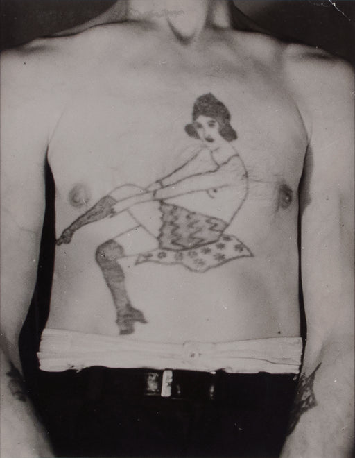 Vintage French police photo, Tattoos–man's chest with reclining woman tattoo