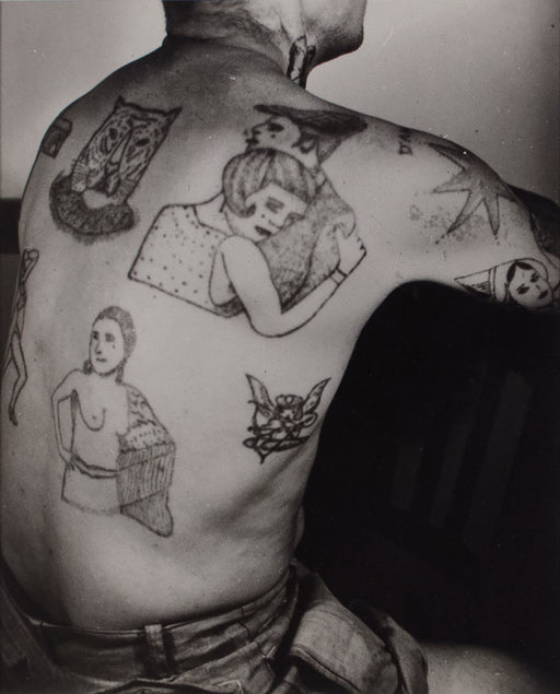 Vintage French police photo, Tattoos–man's back with couple, tiger, nude woman