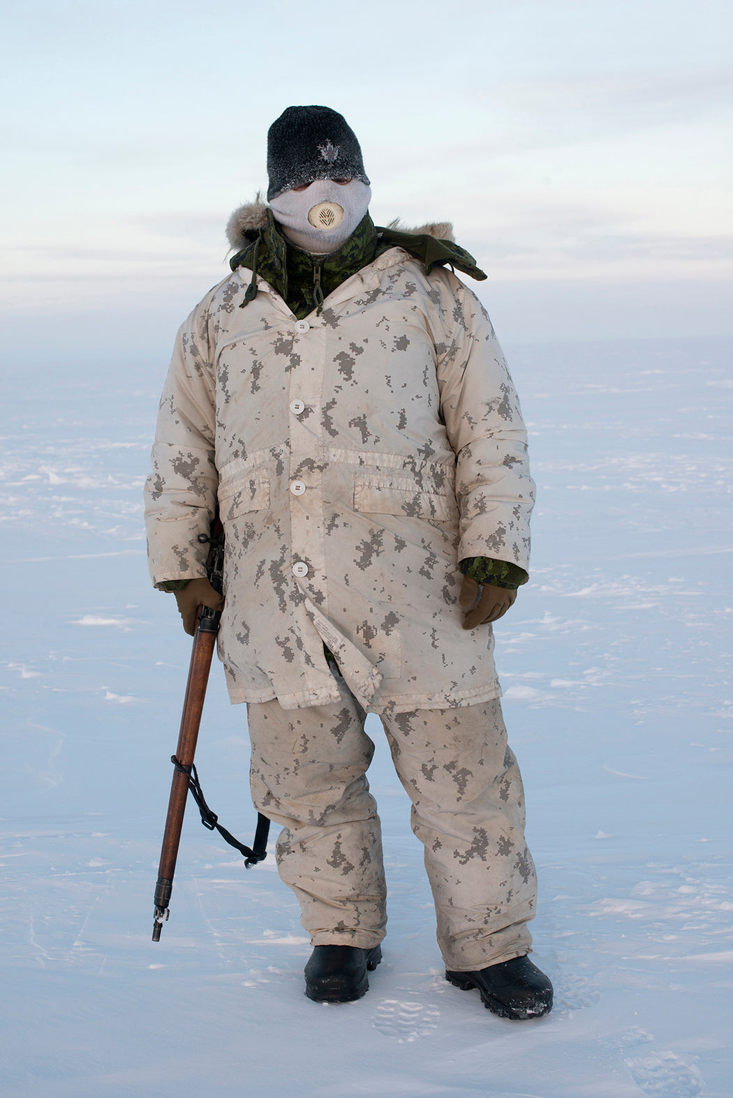 A Canadian Arctic Operations Advisor seen on a reconnaissance patrol in the High Arctic near Resolute Bay in Nunavut, Canada, at temperatures below -50 degrees (-58 F) with the windchill in the High Arctic
