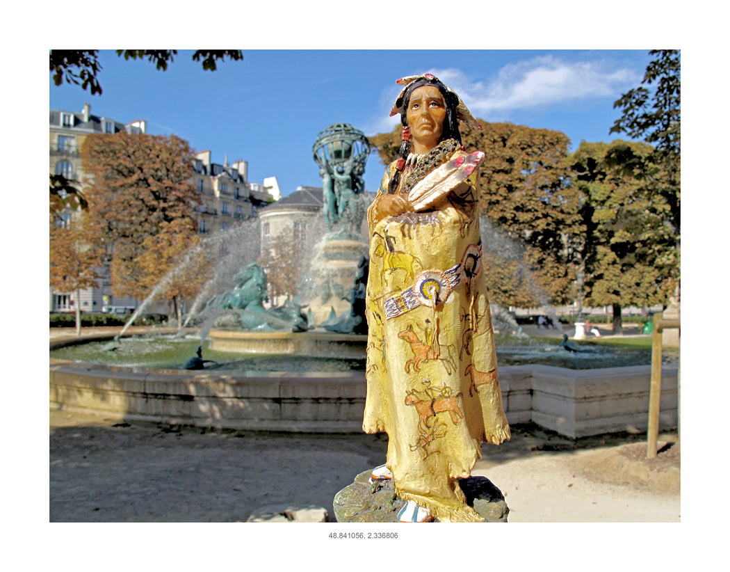 Paris, France, Buffalo Robe at The Fontaine de l'Observatoire, E south of the Jardin du Luxembourg in the 6th arrondissement of Paris, (North American Indian Woman), GPS coordinates: 48.841056